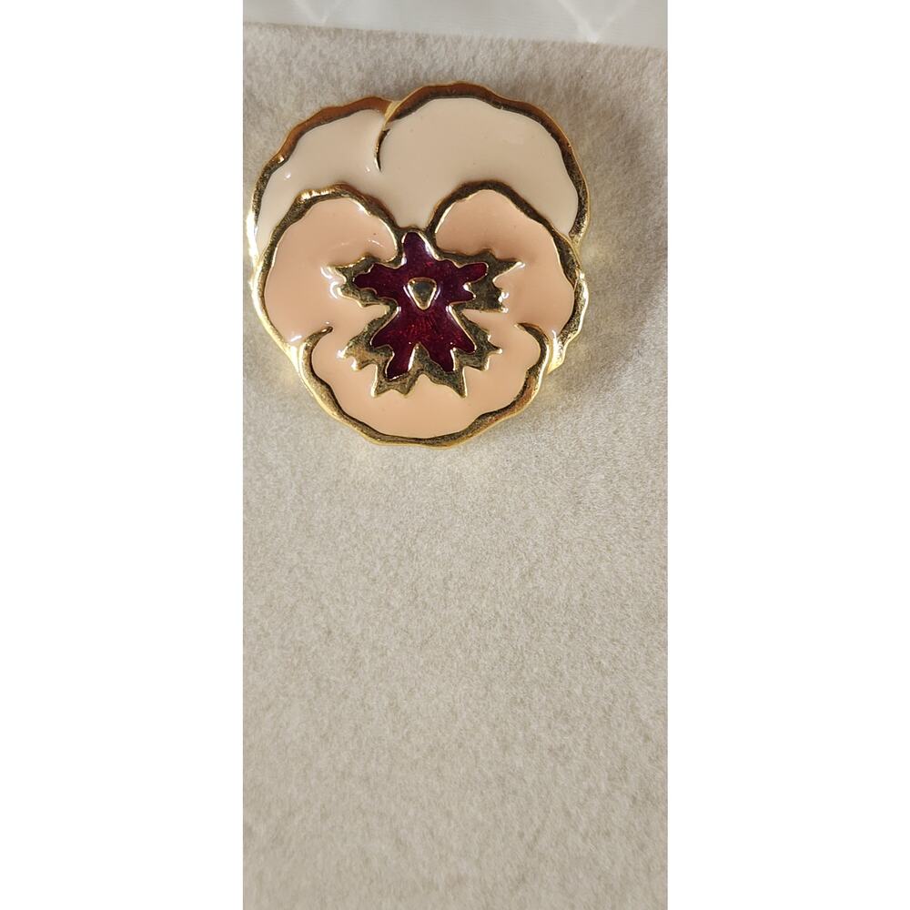 Vintage 1980s Gold Tone Enamel Pansy Flower Stud Earrings Pink Ivory Floral